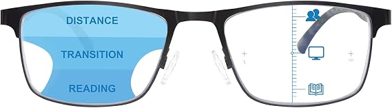 SKYWAY Progressive Multifocal Reading Glasses Mens, Metal Frame Lightweight Blue Light Blocking Multifocus Computer Readers with Spring Hinge