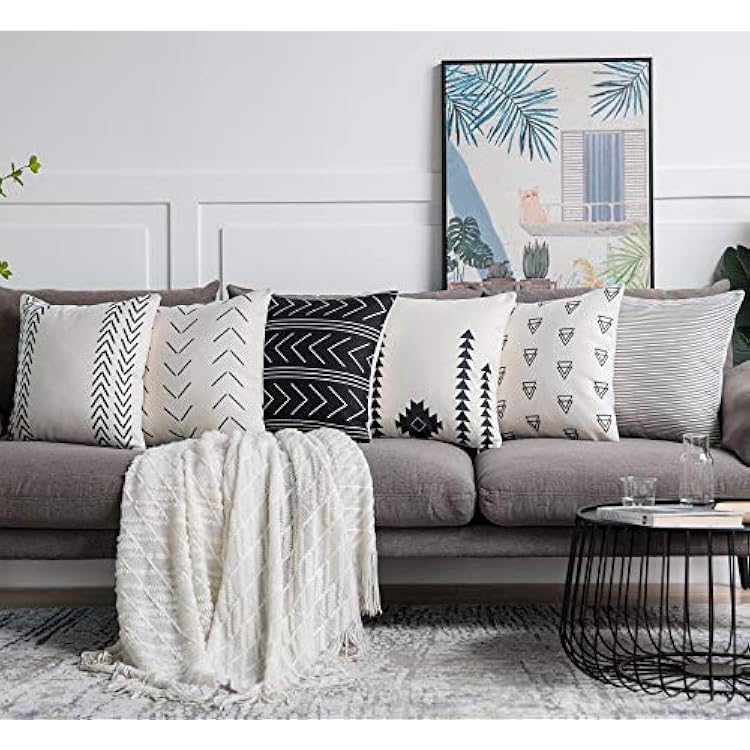 DEZENE Throw Pillow Covers for Couch,6 Pack,Natural Linen Look Fabric,Modern Geometric Patterns,Decorative Sofa Square Cushion Pillow-Cases,18 x 18 inch,Black