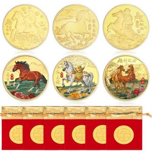 JANYUN 6 Pcs Lucky Chinese Coins Set,2026 Chinese New Year of Horse Decoration Year of The Horse Commemorative Coins with Drawstring Bags, Chinese New Year Gifts 2026