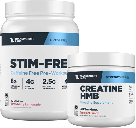 Transparent Labs Stim-Free Pre-Workout (30 Servings, Strawberry Lemonade) & Creatine HMB (30 Servings, Tropical Punch)