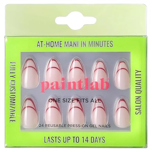 PaintLab Press On Nails - Red Outline Short Almond Fake Nails, 24 Nails in 12 Sizes with Glue, Reusable Salon Quality Press On Nails