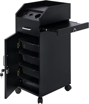 Salon Cart for Hair Stylists, Lockable Wood Trolley Cart on Wheels, 4-Drawer Storage Cabinet, Hair Dryer Holders, Rolling Salon Station for Beauty Spa Barber Tattoo,Beauty Salon Trolley Storage Cart