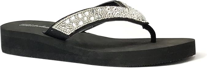 REDVOLUTION New Women's Rhinestone Sandals High | Low Platform T-Strap Jewel Sandals High Wedge Flip Flops