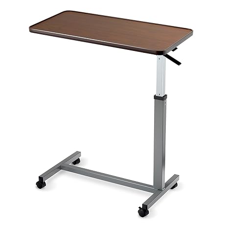 Invacare Bed Table, Height Adjustable Overbed Table, Hospital Bedside Table, Medical Rolling Desk with Wheels, Waterproof Medical and Home Use L-Shaped Steel Base Over Bed Tray Table