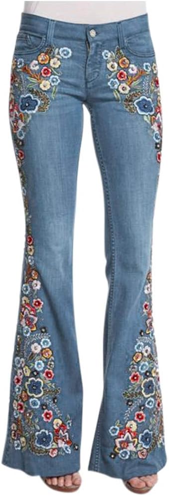 Bell Bottom Jeans for Women Flared Floral Embroidered Jean Plus Size Wide Leg Denim Pants Low Rise Flare Leg Jeans for Women(Light Blue,XL)
