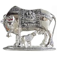 Silver Oxidized Kamdhenu Cow and Calf Statue Handmade Metal Showpiece & Pooja Article for Good Luck