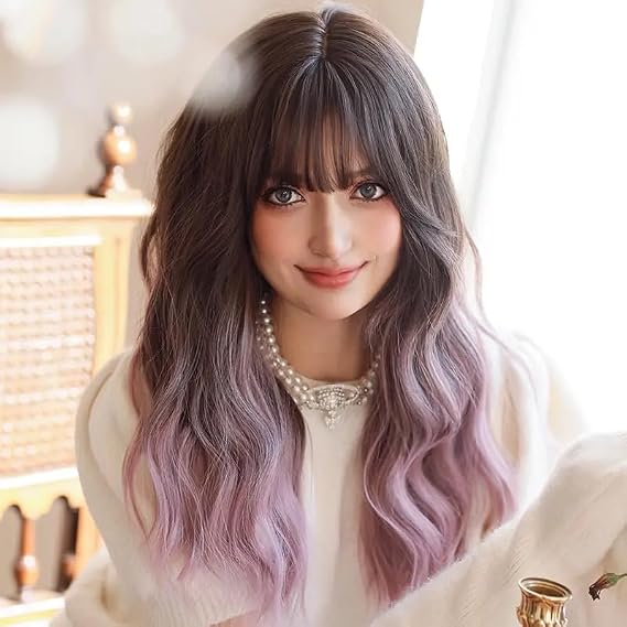 AIKO PRO Ombre Purple Wigs with Bangs, Purple Pink Long Wavy Wig for Women, Long Curly Synthetic Hair Wig for Party Daily Use 24 Inches