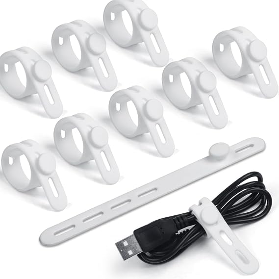 Silicone Cable Ties, 10 Pcs Adjustable Zip Ties with Lock Buckle, Reusable Cable Straps for Home Office Travel, Elastic Cord Organizer for Power Cords, USB Cables, Charging Cables(White)