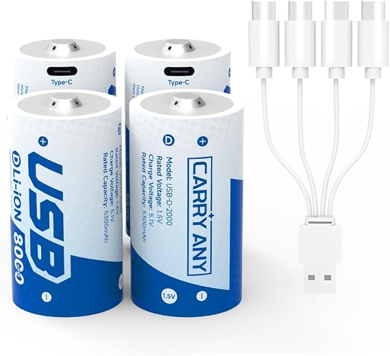 1.5V Rechargeable D Lithium Batteries 4-Pack, 8000mWh High Capacity D LR20 Size Cell with 4-in-1 USB-C Charging Cable, Constant 1.5V Output for Flashlight, Baby Swing, Camping, 1600+ Cycles
