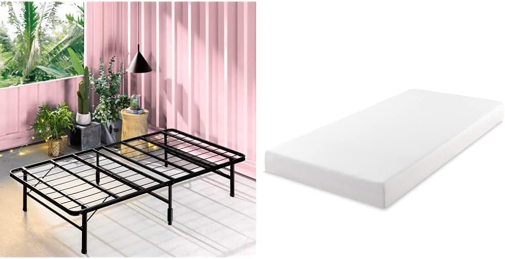 Zinus SmartBase Metal Bed Frame + Green Tea Mattress Set, Single, Thickness 5.9 inches 15 cm, Soundproofing, Pipes, Storage Space, Tools Included, Easy Assembly, Memory Foam