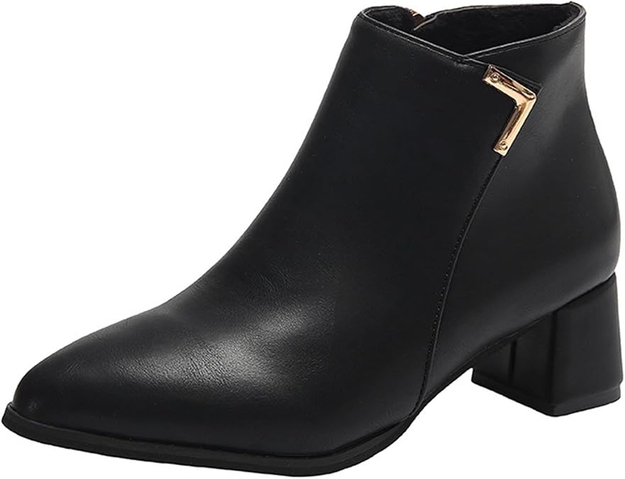 Women's Ankle Boots Pointed Toe Elegant Leather Boots Chunky Mid Heel Non Slip Short Boot Fall Winter Bootie with Side Zip