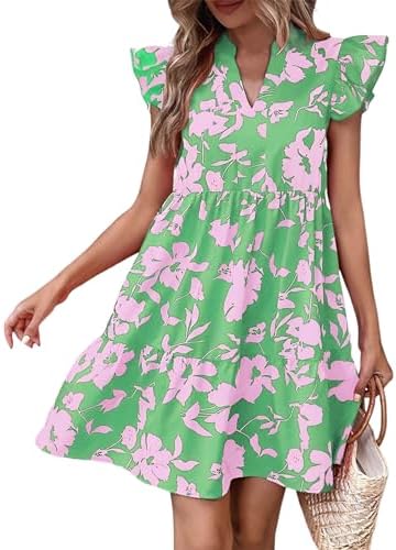 Katutude Women's Floral Dress Flowy Ruffle Sleeve Mini Dress 2024 Trendy Summer Dresses Casual Dress V Neck T-Shirt Dress