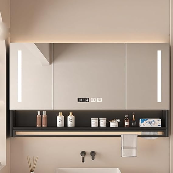 Bathroom Mirror Touch Control, Vanity with LED Light, Vanity Mirror Cabinet, Bathroom Mirror Anti-Fog, Mirror Cabinet with Lighting, Bathroom Wall Cabinet with Towel Rack, Modern Intelligence