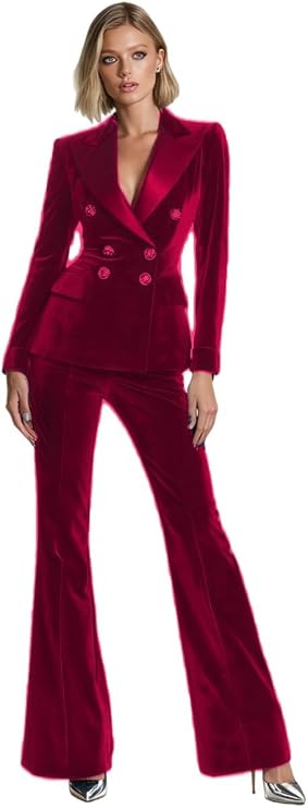 2 PC Velvet Suit Women Double Breasted Business Suit Christmas Blazer Pants Set Prom Tuxedos