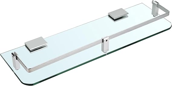 Wall Mounted Bathroom Glass Shelves, 40cm Tempered Glass Bathroom Shelf with Rail, 6mm Extra-Thick Bathroom Shelf