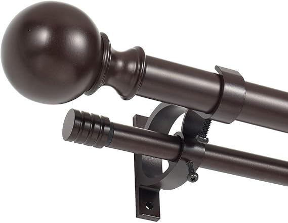 Double Curtain Rods for Windows 36-72 Inches, Adjustable Double Drapery Rods, Decorative Window Curtain Rod with Round & Barrel Finials, 1-Inch Front and 5/8 Inch Back Double Window Curtain Rod Bronze