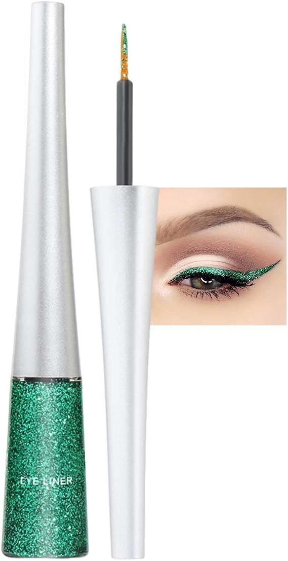 Glitter Liquid Eyeliner, Metallic Green Eye Liner, Waterproof Smudge-proof Longlasting Highly Pigmented Coloured Shimmering Sparkling Precise Fine Tip Christmas Eye Shadow Liner