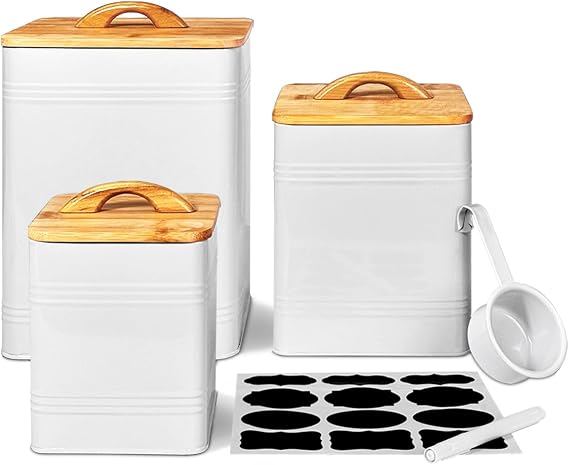 Kitchen Canister Set of 3 - Large 7 Qt Flour and Sugar Containers Airtight - White Metal Food Storage Jars with Bamboo Lids, Iron Spoon & Erasable Magnetic Labels, Farmhouse Decor for Pantry