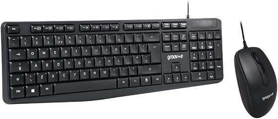 Groov-e Wired Full-Size Keyboard and Mouse Combo - Computer Accessories for Laptops and PCs, Ergonomic Design, Silent Keys, USB Connection, Compact