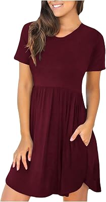 Casual Dresses for Women Crew Neck Short Sleeve Plain Color Shirt Dress Swing Knee Length Sundress with Pockets