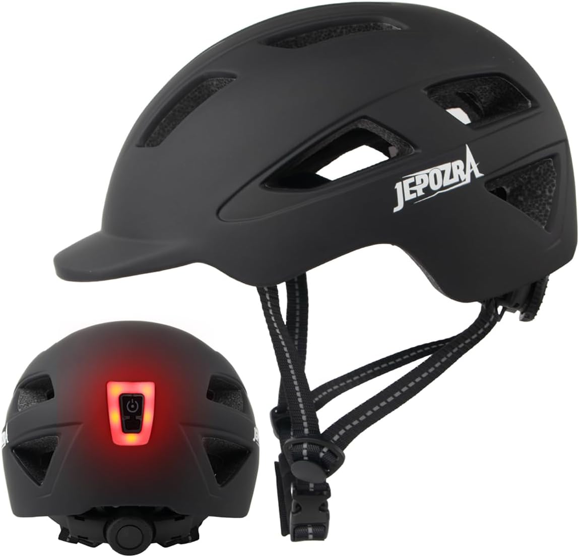 JEPOZRA Bike Helmet Adult with Integrated Taillight Lightweight Adjustable Baseball Cap Style Cycling Helmet for Urban Commuter Road Biking Scooter White