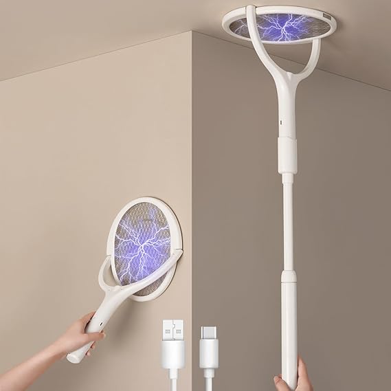 GeckoMan 2-Pack Electric Fly Swatter Electric Fly Zapper Bug Zapper Racket | Telescopic Extension, Rotating Head, Usb-C Charging, Electric Fly Swatter Rechargeable Mosquito Zapper Fly Killer Indoors