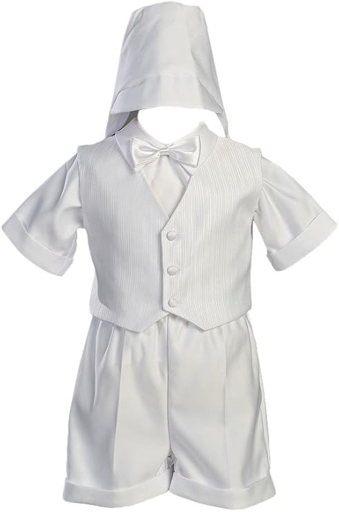 lito White Satin Christening Baptism Short Set with Vest and Hat -XS (0-3 Months)