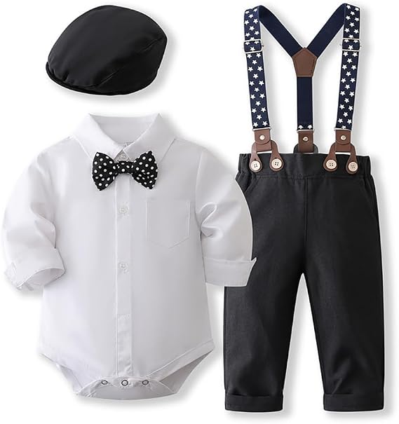 IDOPIP Baptism Outfits for Boys Baby Toddler Gentleman Outfit 5PCS Bowtie Romper Shirt Suspender Pants Hat Formal Tuxedo Suit