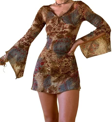 Y2k Vintage Dress for Women Long Sleeve Sexy Bodycon Floral Flare Sleeve Mini Dress Aesthetics E Girl Streetwear