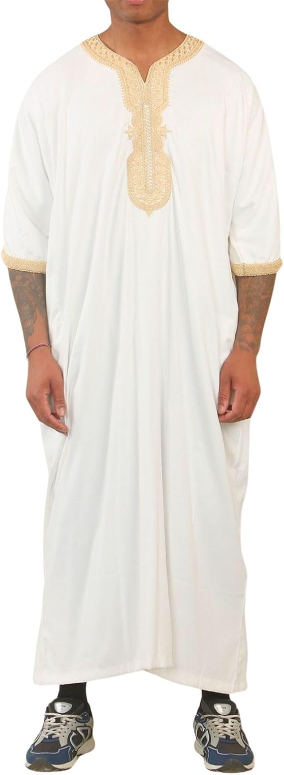 Men's Moroccan Thobe Short Sleeve Gandoura Embroidery Kaftan Jubba