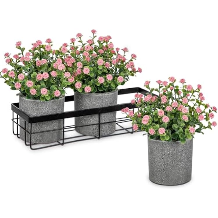 DILATATA Babys Breath Artificial Flowers Table Centerpiece Decoration Potted Artificial Babys Breath Small Fake Plants for Shelf Desk Home Decor Fake Pink Babys Breath Flower with Vase