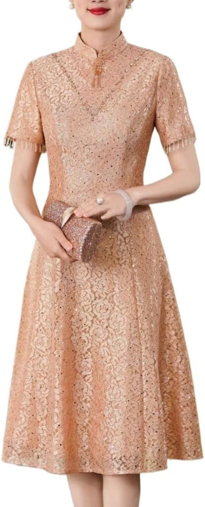 HEARTTOUCH Women's Sequin Lace Cheongsam Elegant Traditional Chinese Qipao Summer Dress for Evening Party/Wedding Events