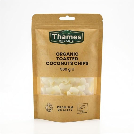 Organic Toasted Coconut Chips - Unsweetened, Vegan, GMO-Free, Certified Organic - No Additives or Preservatives - Crunchy and Delicious Topping or Snack - Tropical Superfood - Thames Organic 500g