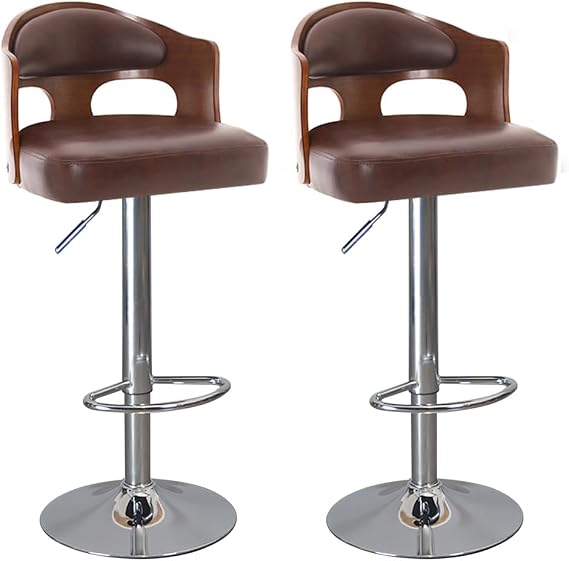 Adjustable Wood Bar Stools Set Of 2 With Backrest And Footrest Fabric Swivel Counter Chairs(Brown)