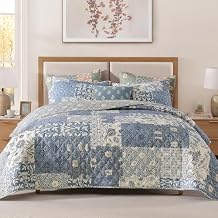 CASAAGUSTO King Size Quilt Set - 3 Pieces Patchwork Blue Quilt Bedding Set, Lightweight King Bedspread Coverlet, Reversible Floral Bed Cover for All Seasons (106"x94", 1 Quilt + 2 Pillow Shams)