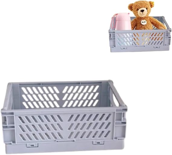 Cyrank Pastel Crates for Storage, Plastic Folding Basket Mini Collapsible Storage Basket Stackable Storage Bin Crates Container with Handle Foldable for Stationery Snacks Cosmetics(Grey )