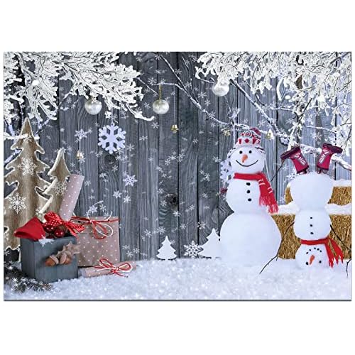 Dudaacvt 8x6ft Christmas Snowman Backdrop Rustic Wood Wall Winter Wonderland Background Snowflakes Gifts Frosted Trees Holiday Party Photo Booth Home Decor