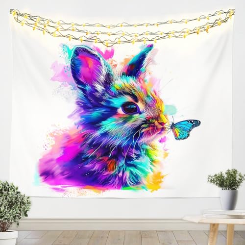 Erosebridal Cartoon Rabbit Wall Hanging for Kids Toddler Woodland Animal Wildlife Wall Art, Cute Bunnies Wall Decor Blue Butterfly Tapestry for Bedroom Aesthetic, Boho Splatters Tapestries