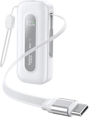 Selore&S-Global Power Bank 10,000mAh with Built-in Retractable Cable & C to L Cable, 30W Fast Charging Portable Charger, LED Display, Travel Battery Pack for iPhone 16151413 Series Samsung