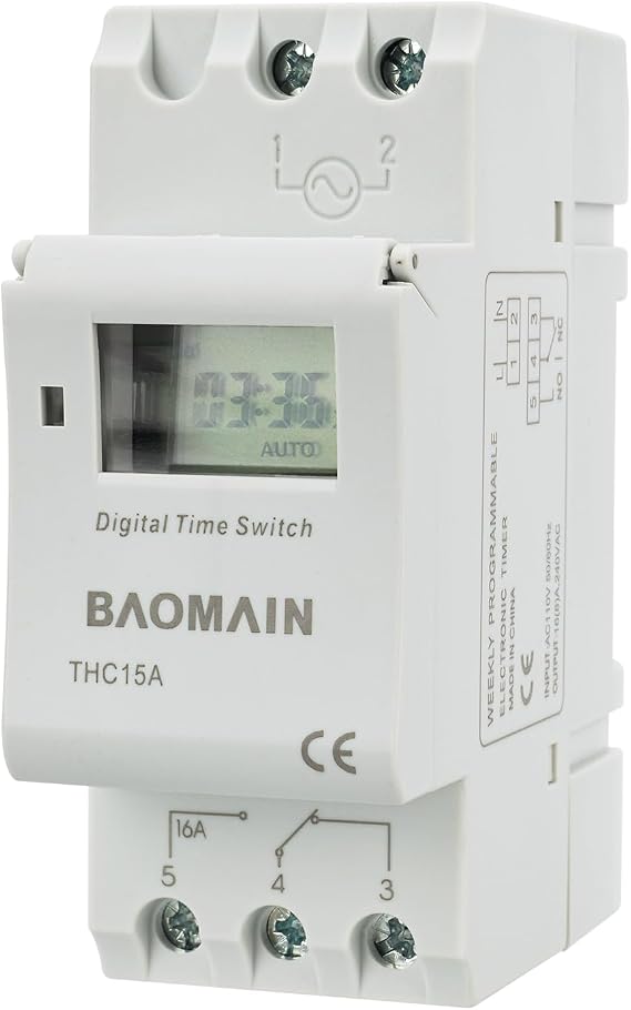 BAOMAIN THC15A AC 110V Digital Programmable Timer Switch,16A Weekly Relay | AC 110V Power Input with 16A Max Switch Capacity,Up To 240VAC,Supports 28 Weekly Settings. Din Rail Mount