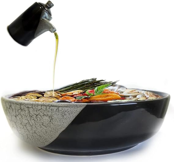 XLarge Salad Serving Bowl, 11 inch. Big Ceramic Pasta Serving bowl Plus Oil Bottle Like A Gift. Beautiful And Elegant Design. Mixing and Fruit Bowls (White Black)