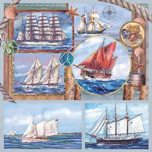 Ambiente Sail Away Cocktail Napkins, 5 x 5 inches, 20 Napkins per Pack, 3-Ply, Vintage Schooner and Colonial Ship Design, Beverage Napkin, Party Napkin