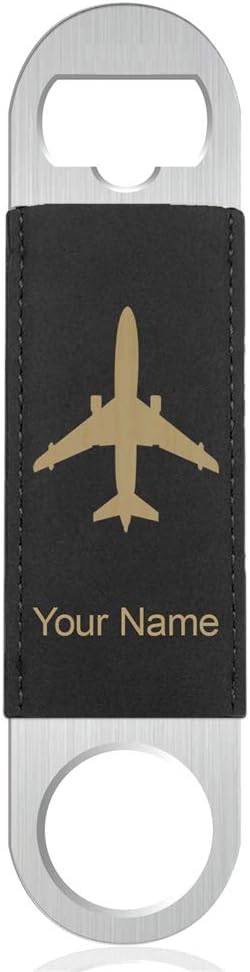 LaserGram Bottle Opener, Jet Airplane, Personalized Engraving Included Faux Leather, Black & Gold