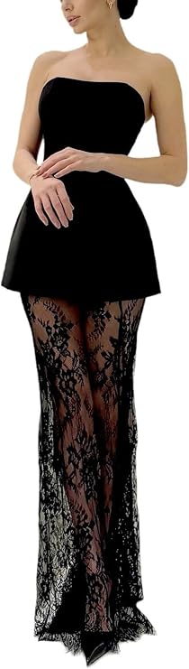 2 Piece Sets for Women Sexy Tube Top with Lace Maxi Skirts Going Out Wedding Guest Outfits Clubwear