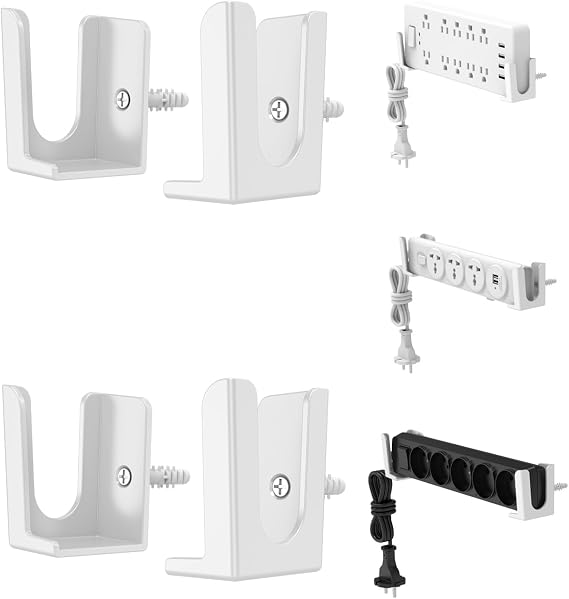 Power Strip Holder, 2 Set Power Strip Wall Mount, Punch Free Socket Holder Fit for Under Desk, Bedside and More, Fixed by Adhesive or Screw (White)