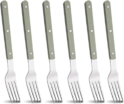 6 Pieces Stainless Steel Dessert Forks Set Salad Fork, Green Acrylic Handle Silverware Set Retro Rivet Design, Mirror Polished, Dishwasher Safe