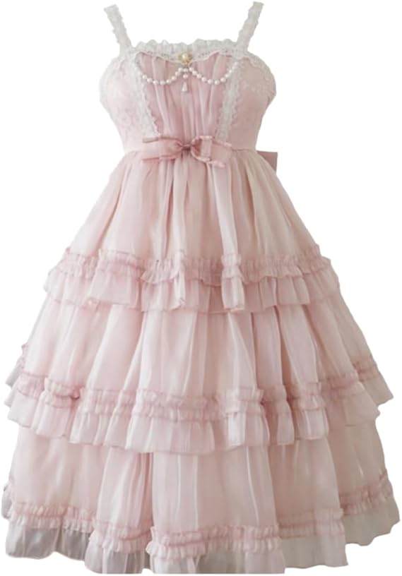Women Teens Summer Sleeveless Sweet Lolita Dress High Waist Knee Length Layered Gothic Lolita Dresses