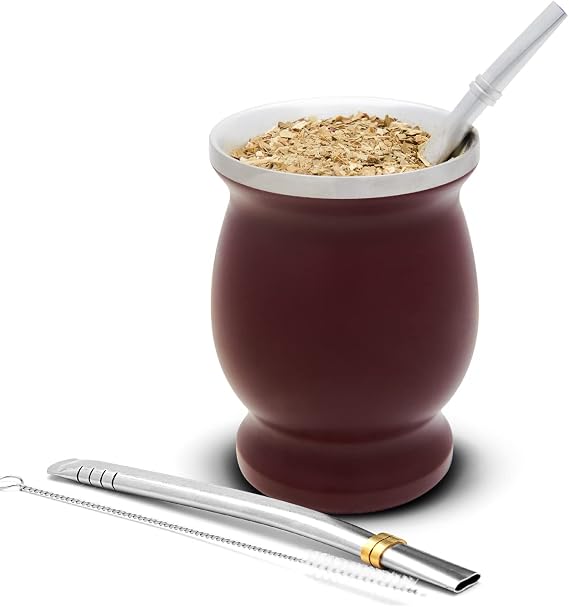 balibetov Mate Cup and Bombilla Set - Yerba Mate Set Includes One Yerba Mate Cup, Two Bombilla Mate (Straw) and Brush - Stainless Steel Double-Wall | Easy to Clean Yerba Mate Gourd (Merlot)