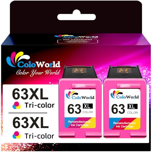 ColoWorld Remanufactured Ink Cartridge Replacement for HP 63XL 63 XL fit for Envy 4520 3634 for OfficeJet 3830 3831 5252 4650 5258 5255 for DeskJet 3636 3630 1112 1110 3637 3639 Printer 2 Color