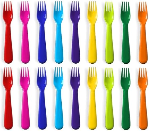PLASKIDY Plastic Kids Fork Set of 18 -Toddler Forks BPA Free/Dishwasher Safe Reusable Children's Fork Set - Brightly Colored Toddler Forks Cutlery Flatware Set